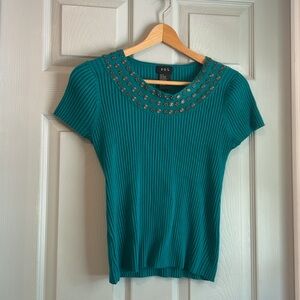 R.Q.T. Women's L Vintage Y2K Teal Embellished Stretchy Ribbed Knit Sweater Top